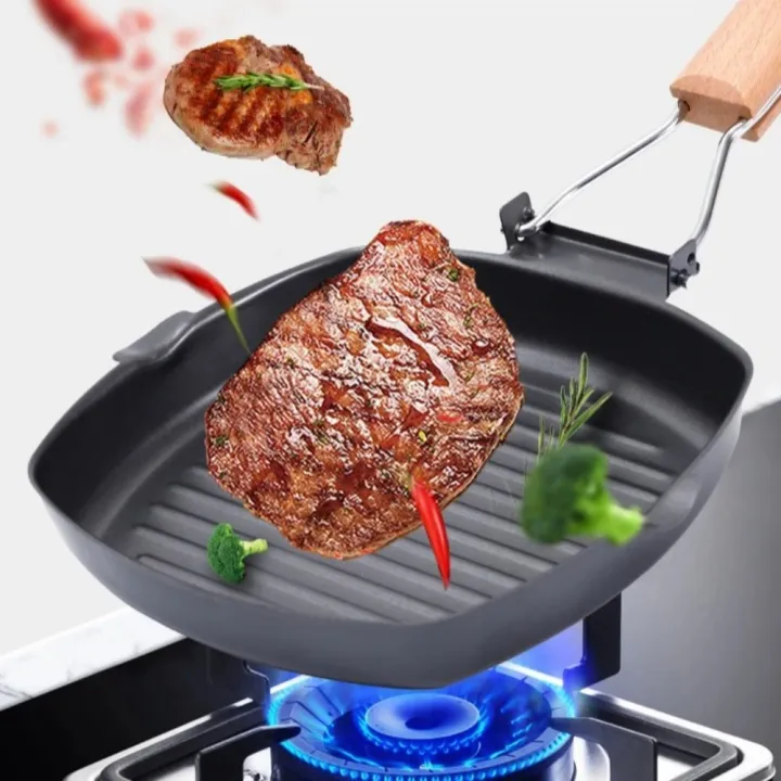 Portable Hand Forging Cast Iron Pan Foldable Uncoated Picnic Grill Pan ...