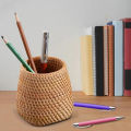 【HOT】 Useful Handwoven Rattan Pen Holder Pencil Makeup Brush Organizer Multi-Purpose Mini Items Storage Basket For Home Office Decor. 