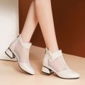 Dadongzhong Special Offer Real Soft Leather Soft Bottom Mesh Boots Female Summer New Mesh Closed Toe Chunky Heel Women's Chunky Heel Boots Fashion Sandals. 