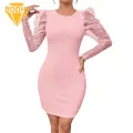 Long Sleeve Women Dress Sheath Dress with Mesh Petal Applique for Office Party Slim Fit Round Neck Long Sleeves High Waist Mini Dress for Women Spring Summer Fashion Women Round Neck Dress. 