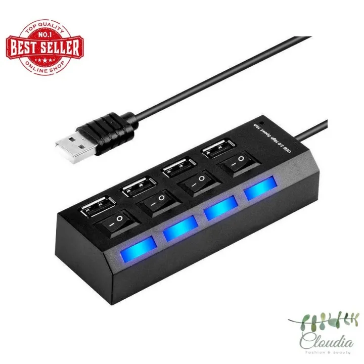 High Speed Thin Slim 4 Ports USB 2.0 Hub USB Hub With Cable For Laptop PC Computer  Black
