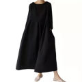 Yfashion Women Cotton Loose Large Size Dress Cotton Linen Round Neck Pullover Casual Simple Solid Color Large Swing Dress. 