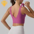 Solid Color Sports Bra Stylish Shockproof Yoga Vest Bra with Deep V Back Design Perfect for Running Fitness Buyers' Favorite Yoga Vest Bra with Fixed Breast Pads. 