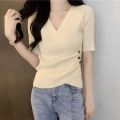 Summer French Minority Design Sense v Collar Slim Top Ice Silk Short Sleeve Bottoming Sweater T T-shirt Women's Spring and Autumn Thin Fashion. 
