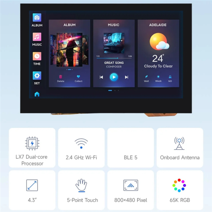 ESP32-S3%204.3%20Inch%20Touchscreen%20LVGL%20GUI%20Development%20Board%20800x%20480%205-Point%20Touch%20LCD%20Display%20-%20Image%205