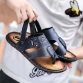 Genuine Black Cow Leather Beach Mens Large Summer Slippers 38-47. 