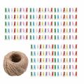 200pcs Natural Wooden Mini Clot spins Clip Peg with 1 Roll 50 Meter Jute T Clips spin Craft Decoration. 