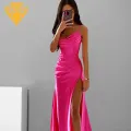 Women Pleated Satin Gown Elegant V Neck Satin Evening Dress with High Split Perfect for Prom Parties Lightweight Fabric Gown. 