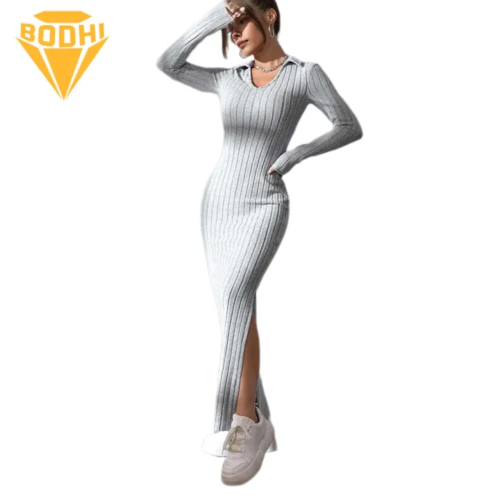 Women Long-sleeved Lapel Dress Elegant V Neck Maxi Dress for Women Perfect for Shopping Dating Parties Slim Fit with Slit Hem Long Sleeves Ankle Length Knitted Design for Spring Fall Fashion
