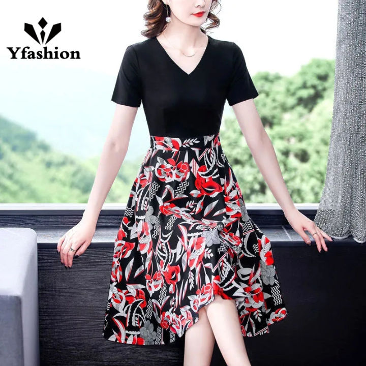 Women%20Cotton%20V%20Neck%20High%20Waist%20Midi%20Skirt%20Sweet%20Floral%20Printing%20Dress%20Summer%20Short%20Sleeves%20Fake%20Two%20Piece%20A-line%20Skirt%20-%20Image%202