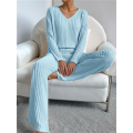 Womens Ribbed Knit 2 Piece Sets Long Sleeve Sweater and Wide Leg Pants Loungewear Pajamas Set. 