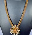 Gold color temple design long necklace set with silver color stone and off-white pearl for women and girl. 