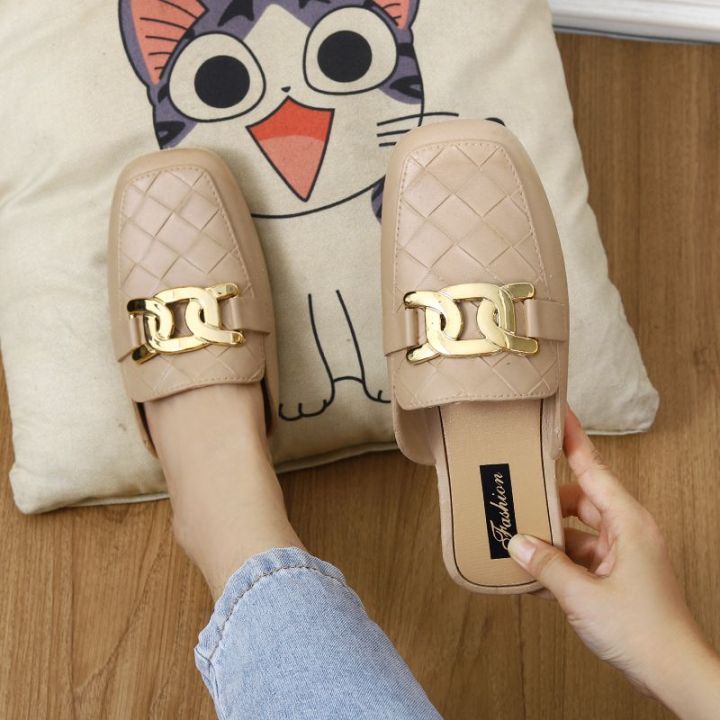Half-Pack%20Slippers%20Women's%20Summer%20Square%20Toe%20Metal%20Chain%20Low%20Heel%20Lazy%20Mother%20Toe%20Cap%20Slippers%20Women's%20Hole%20Shoes%20Student%20Outer%20Wear%20-%20Image%205