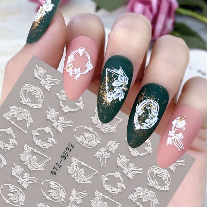 Wedding Design Acrylic Self-Adhesive Nail Stickers Embossed Flowers ...