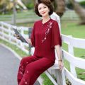 Mom Summer Clothes Suit Chiffon Small Shirt Middle-Aged and Elderly Women's Short Sleeve T T-shirt Western Style Top Wide Leg Pants Two-Piece Thin. 