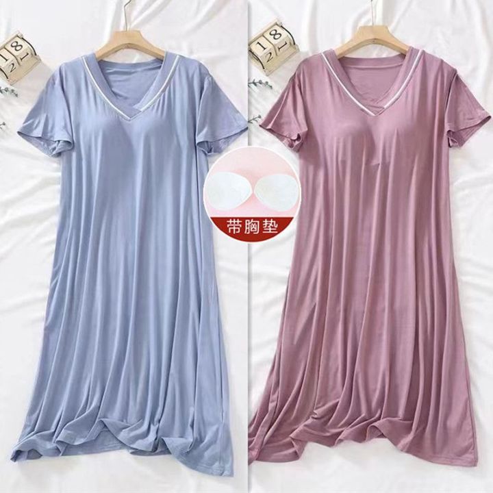 2023New%20Padded%20Nightdress%20Women's%20SummerVCollar%20Thin%20Bra-Free%20Loose%20Large%20Size%20Short%20Sleeve%20Home%20Wear%20-%20Image%205