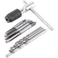 9Pcs Adjustable T-Handle Ratchet Tap Holder Wrench Tool Set with M3-M6 Screw Thread Metric Plug Tap and 2.5-5.0mm Twist Drill Bit. 