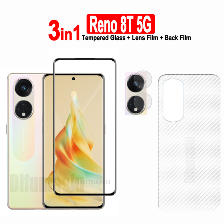3in1 For OPPO Reno 8T 5G Tempered Glass Full Curved Screen Protector + Camera Lens Film + Carbon Fiber Back Film