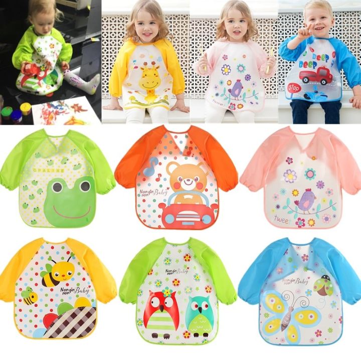 【HOT】 Cute Baby Bibs Waterproof Long Sleeve Apron Children Feeding Smock Bib Burp Painting Drawing Soft Toddler Clothing Bandana Bibs