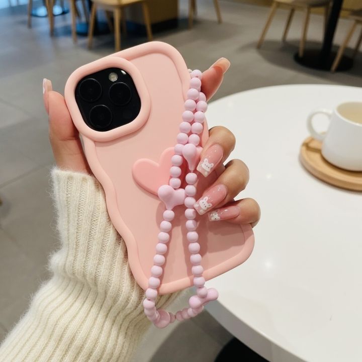 CAMMY Cute Wave Silicone 3D Heart Phone Case With Pearl Strap For iPhone 7 8 X XR XS 11 12 13 14 15 16 Pro Max Shockproof Cover FOR Girls new
