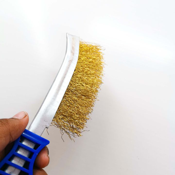 SALI Wire Brush for Cleaning Rust Removal Heavy Duty Brass Brush Tool 11" Long Handle with Plastic Handle, for Automotive, Grill, Paint, Welding Slag & Household More and Thicker Bristles