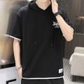 Summer All-Matching Hooded Short SleeveTT-shirt Men's Trendy Hooded Sports Loose Tops Hoodie Korean Style Hong Kong Style Sweater Fashion. 