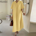 【WEJA】Korean Style Women's Dresses Casual Short Sleeve V-Neck Loose Pleated A-Line Midi Sundress #8. 