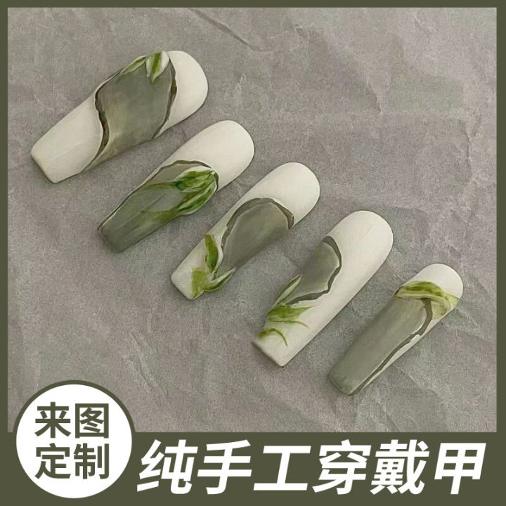 Costume ins nail art hand-painted green leaf French style white ice through hand-worn nail finished detachable medium length
