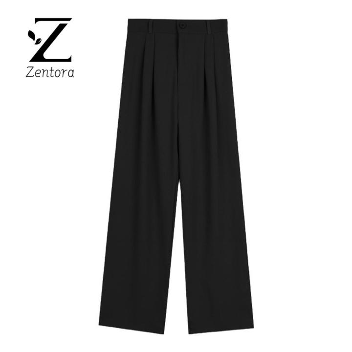 Zentora Long Pants Stylish Women's High Waist Wide Leg Pants for Office Streetwear Elastic Waist Button Zipper Fly Solid Color Trousers Women Pocketed Pants
