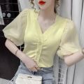 【Free Returns】 Blouse Women Solid V-neck Chiffon Puff Sleeve Ladies Knitted Shirts Summer New Thin Korean Style Plus Size Female Tops. 