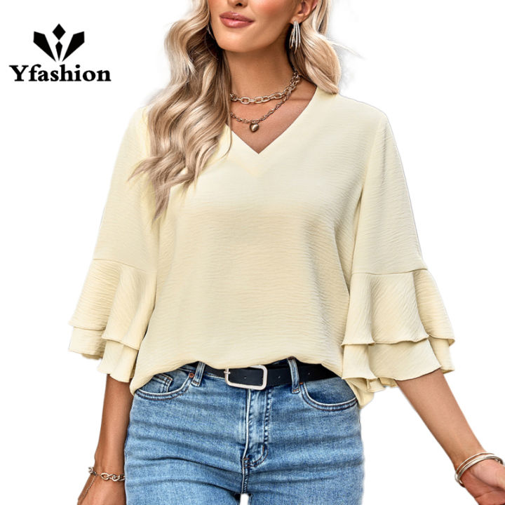 Yfashion%20Women%20V-neck%20Ruffle%20Bell%20Sleeve%20Blouse%20Solid%20Color%20Soft%20Comfortable%20Summer%20Loose%20Top%20Pullover%20T-shirt%20-%20Image%209