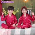 Long-sleeve Pajama Set Kids Silk Pajama Set for Boys Girls Long Sleeve Top Pants Sleepwear Kit 3-14 Years Southeast Asian Style Kids Pajama Set. 