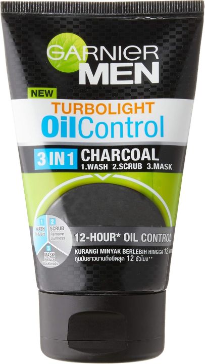 GARNIERS MEN Turbolight Oil Control 3 in 1 Charcoal Wash, Scrub & Mask - 100g