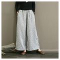 Yfashion Women Cotton Trendy Striped Wide Leg Pants Cotton Linen Loose Large Size Casual Trousers Straight Breathable Pants. 