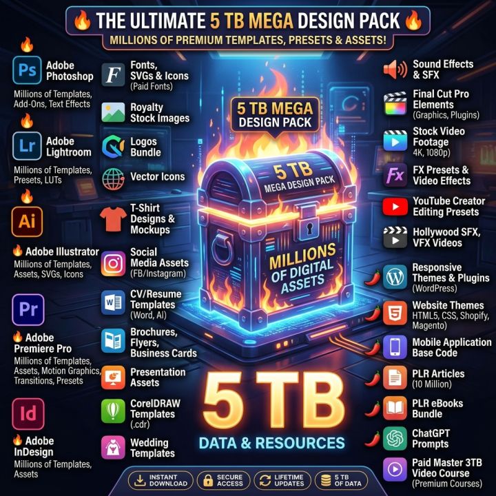 5TB Ultimate Mega Design Bundle - Photoshop, Premiere Pro, Illustrator Templates, Video Assets, eBooks & Courses (Instant Delivery)