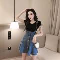 2019 Summer New Korean Style Fashion All-Matching round Neck All-Matching T ... + Strap Slim High Waist Denim Skirt Outfit. 