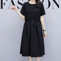 Yfashion Women Cotton Short Sleeves Dress Simple Elegant Solid Color Round Neck A-line Skirt Loose Casual Dress With Pockets. 