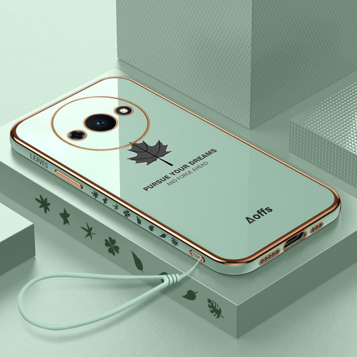 For Xiaomi Redmi A3 Back Cover with Lanyard Luxury 6D Plating Maple Leaf Square Frame Phone Case Shiny Soft Silicone Protective Cases Pouch Girls