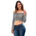 Front off Shoulder Gray Women Latin Dance T Shirt Bare Shoulder Wrinkle Latin Dancing Tops . 