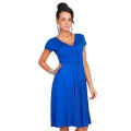 Ladies Summer Short Sleeves And Knee Length V-Neck Dress . 