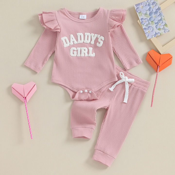 Daddys Girls Baby Clothes 3 6 9 12 Month Ribbed Romper Ruffle Long Sleeve Pants Newborn Outfits Clothing Set