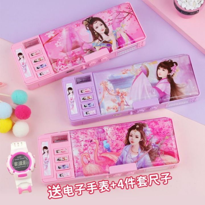 Multifunctional Button Stationery Box Girl Cute Password Lock Large Capacity Pencil Case Pink Purple Elementary School Pencil Case