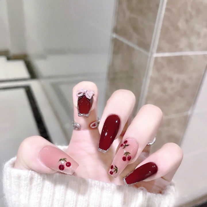 24Pcs Long Red Ballet Wearing False Nails Press On Nail Art Full Cover Coffin Nails Tips Removable Cherry Bow Glitter Nail