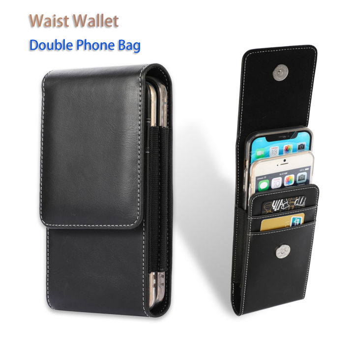 Leather Dual Pouch Wallet Card Holder Two Mobile Phone Belt Clip