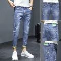 Summer Thin Jeans Men's Fashion Ripped Slim Fit Cropped Skinny Pants Men's Korean Stretch Casual Long Pants. 