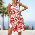Yfashion Women Floral Dress Sleeveless V Neck High Waist A Line Dress Flowy Swing Shift Dresses With Belt. 