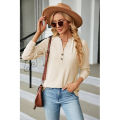 Yfashion Women Long Sleeves Tops Solid Color Design Button Shirt Blouse V-Neck Pullover Loose Jacquards T-Shirts Top. 