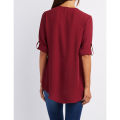 Yfashion Women Chiffon Shirt Solid Color Long Sleeve V-neck Front Zipper Pullover Top Plus Size Loose T-shirt color. 