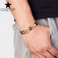 Golden Chain Stainless Steel Bracelets for Men Women Teens Black Rubber Belt Wristband Cuff Bangle Male Hand Jewelry Gifts. 