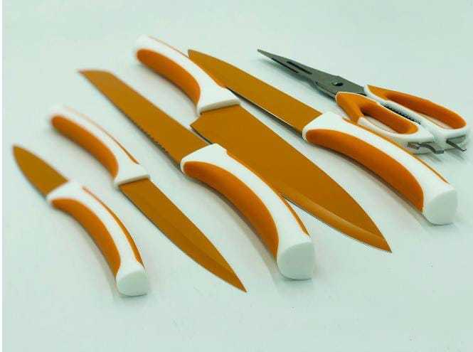 7 PCS Stainless Steel Kitchen Knife Set with Wooden Block Set Chef Bread Slicer Utility Paring Knives Kitchen Scissors